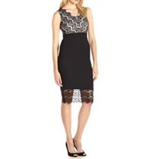 Sangria Women's 14 Black Lace Pink Lined Midi Bodycon Sheath Dress NWT