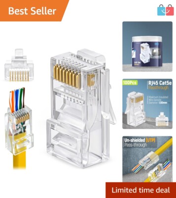 Pack of 100 EZ Crimp RJ45 Pass-Through Connectors for Solid & Stranded Cables