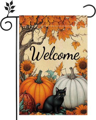 Fall Cat Pumpkin Garden Flag for outside 12X18 Inch Double Sided Burlap Autumn T