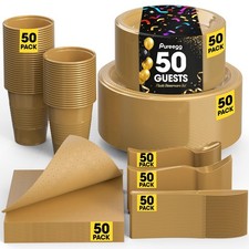 Gold Plastic Plates Set - 350 Pcs Complete Dinnerware Sets for 50 Guests, Dis...