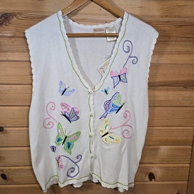 NWT Bobbie Brooks Knit Sweater Vest Embroidered Butterfly Ivory Womens XL Spring
