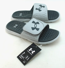 New UNDER ARMOUR Men's 7 Ignite Pro Gray / Black Logo Adjustable Slide Sandals