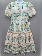 Anthropologie Kindred Knee Length L Cotton White Lined Floral Orange Shirt Dress
