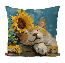 Spring Pillow Covers 18x18 Inch Orange Cat Sunflowers Throw Pillowcase Summer...
