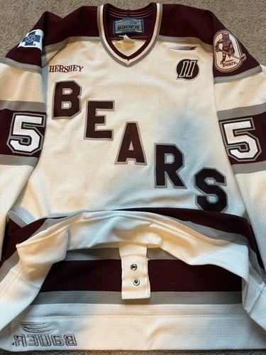 Game Worn Jeff Sirkka Hershey Bears 1998 60 Year Bauer AHL Used Hockey Jersey 58