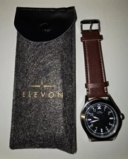 New Elevon Hanson Men's Watch Black Face Brown Leather Strap  DEAD BATTERY