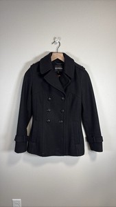 Women's Black Wool Blend Double Breasted Peacoat Jacket