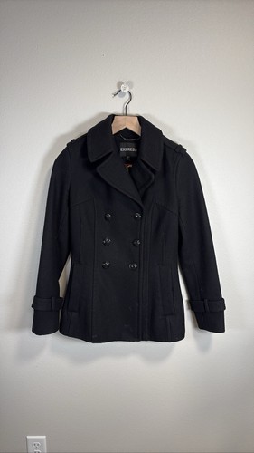 Women's Black Wool Blend Double Breasted Peacoat Jacket