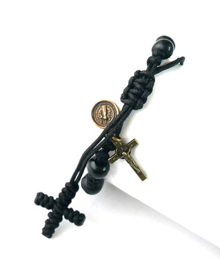 Black Ros. Bracelet with Brass Tone S. Benedict Crucifix & Medal + Woven Cross