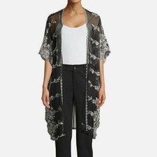 Sheer Black Lace Trim Kimono Cardigan Duster LXL
