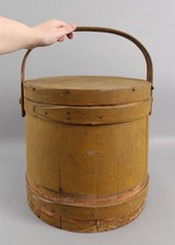 Large Antique Primitive Mustard Painted Wood Firkin Pinwheel Lid Pantry Box, NR