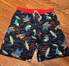 NWOT Lands End Boys Swim Trunks XL 14-16 Navy Shark Pattern Net Liner Drawstring