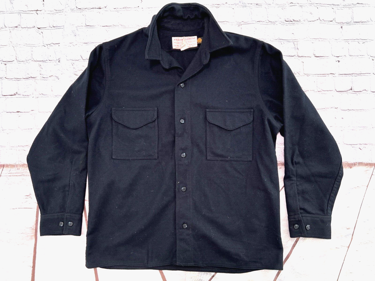 Mens FILSON Navy Blue 100% Wool Button Jac Shirt Jacket Large 46