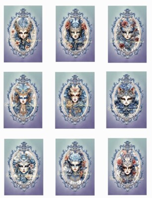 Blue Venice Carnival Mask A MULTI-SIZE SET Cotton Fabric Quilt Blocks