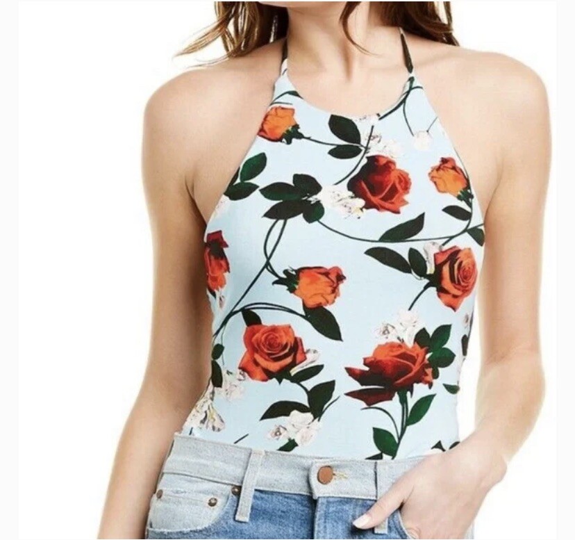 ALICE + OLIVIA Light Blue Red Rose Floral Halter Top