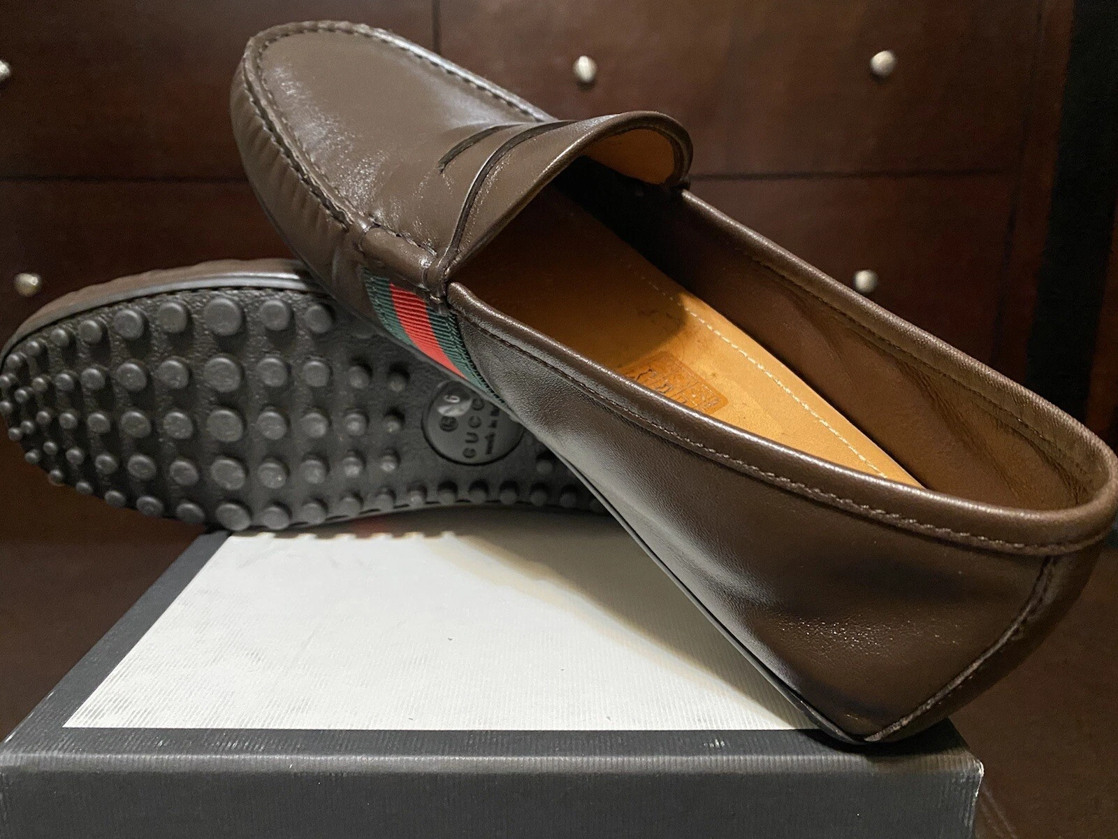 Mocassins Gucci Mica Pelle S. Caoutchouc Nappa Moorea hommes 6 marron cacao