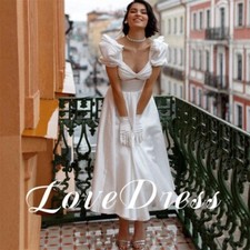 Elegant AnkleLength Pleated Stain WeddingDress A-Line Short PuffySleeve Backless