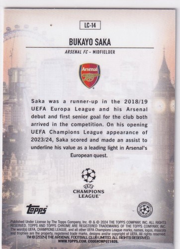 Topps Cromo Champions League 2023/24 Nº LC-14 Bukayo Saka London is Calling - Imagen 2 de 2