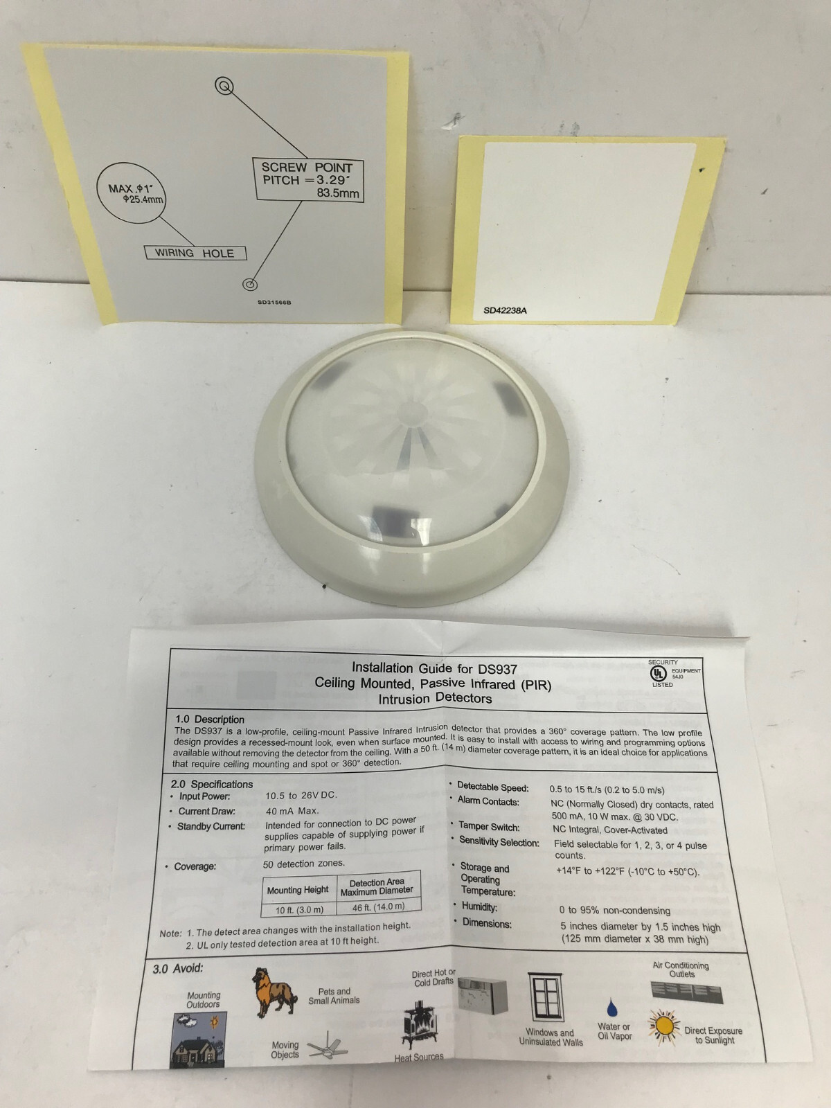 BOSCH DS937 LOW PROFILE CEILING MOUNT MOTION DETECTOR NEW OPEN BOX