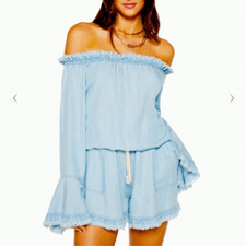 Ramy Brook Esie Chambray Romper Size XS Long Bell Sleeves Off the Shoulder
