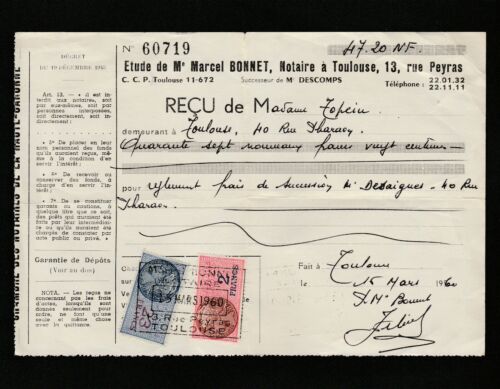 Francja Vintage Dokument ze znaczkiem skarbowym Barwa fiskalna 1960 - 01237 - Zdjęcie 1 z 2