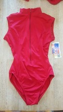 Women's Baltogs size M red zip front, mock neck, lace open back Leotard - NWT