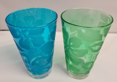 CERVE Drinking Glasses Hibiscus Floral Blue/Green Made in Italy (Set Of 2)