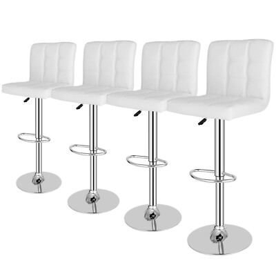 White Modern Bar Stools w/3 Level Gas Rod Metal Frame Set of