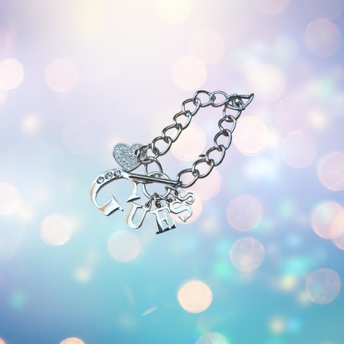 GUESS Silver Tone Dangle Letter Bling Heart Charm 7" Bracelet