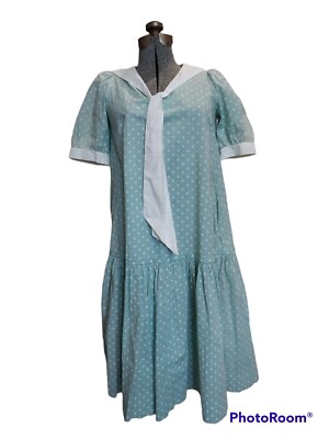 Vtg Laura Ashley Sailor Dress Polka Dot Drop Waist Puff Sleeve