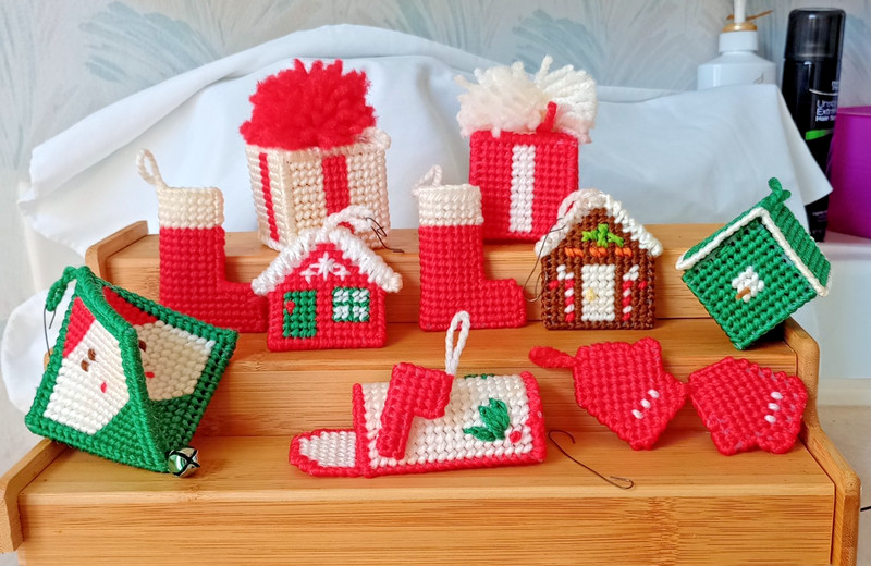 11 Hand Made Christmas Ornaments, Plastic Canvas 3 D