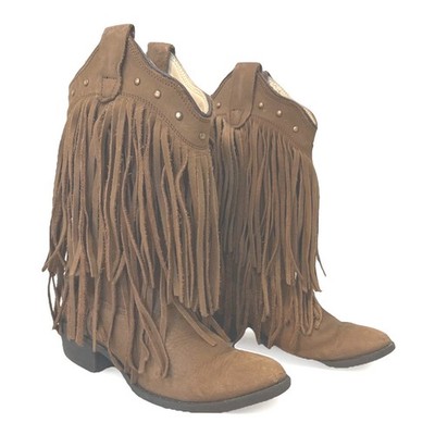 OLD WEST Little Girls Size 12 Brown Leather Fringe Studs Western Boots