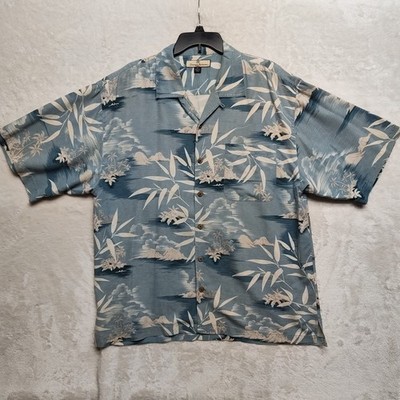 Tommy Bahama Shirt Mens XL Blue Floral 100% Silk Island Palm Trees Loop Collar