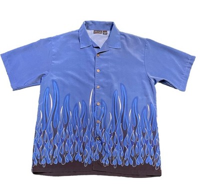 MTI Blue Flame Button Shirt XL Y2K Hot Rod Rockabilly Party Camp Top