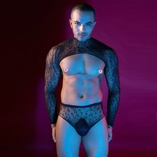 Long Sleeved Men's Mesh Jacket Leopard Print Hot Backless Bikini Two-Piece Set