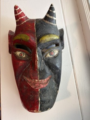 Diabolito Devil Wood Mask Mexico 12'' H Hand Carved Hand Painted Vintage Guerrero
