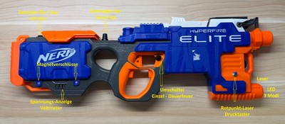 Nerf Hyperfire Elite Modded   LiPo Akku, LED, Laser, Extra Magazine,...