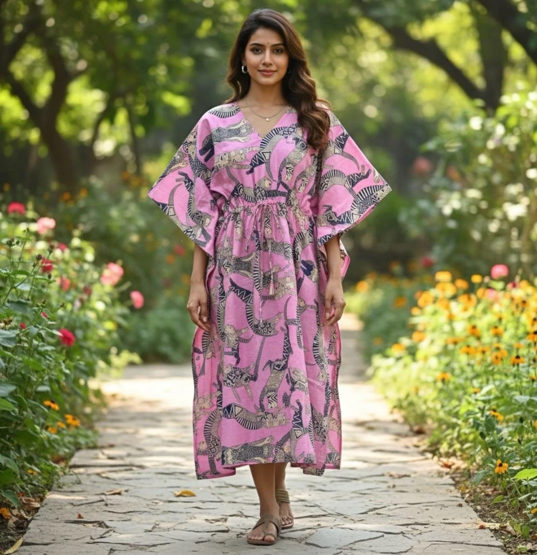 Women Casual Kaftan Dress Hand Block Printed Cotton Loungewear