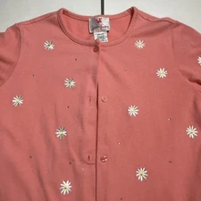 Quacker Factory Pink Button Up Sweatshirt With White Daisies Gemstones Medium