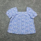 LOFT Shirt Womens Medium Blue White Embroidered Eyelet Floral Short Sleeve NWT