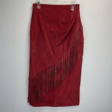 Vintage USA Red Leather Midi Skirt Fringe 80s S U Fashions Retro Western Sz 6-8