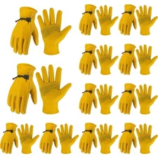 12 Pairs Yellow Goatskin Leather Work Gloves – Reinforced Palm, Adjustable Wrist