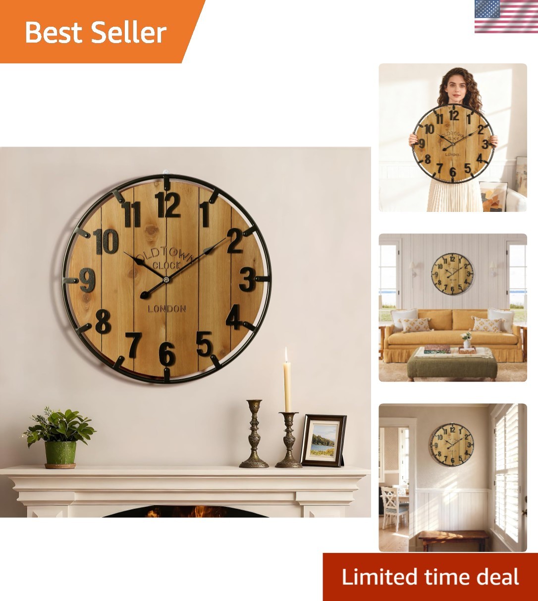 Rustic Oversized 24 Inch Wall Clock with Large Numbers - Per
