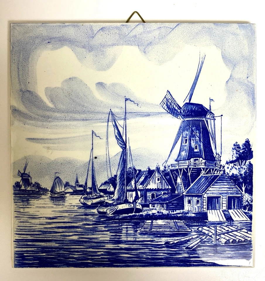De colección Delft Azulejo Holandés Azul Y Blanco Escena Náutica Con Molino de Viento Pintado a Mano Foto 2 de 4