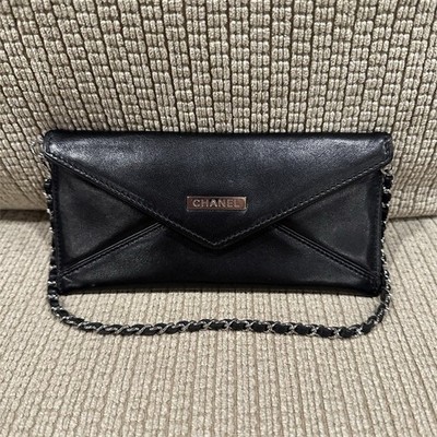 CHANEL Black Quilted Envelope Flap Chain Shoulder Bag Silver Hardware Box Card