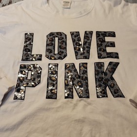 Victoria's Secret PINK Long Sleeve Tee White Leopard Sequin Graphic Large