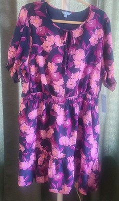Draper James RSVP Dress XXL Navy Purple Floral Short Puff Sleeve Pocket Knee NWT