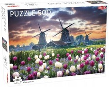 Puzzle 500 pezzi: paesaggio di vecchi mulini e tulipani