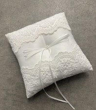 Beautiful White Satin Ring Bearer Pillow with Lace and Ribbon Trim