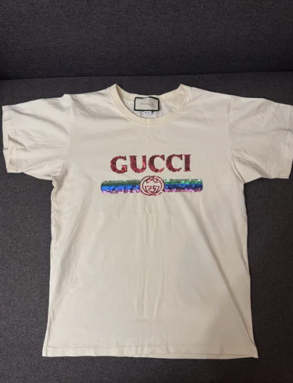 Gucci Sequin Logo Ivory Cotton Tee Short Sleeve Shirt Size M Preowned